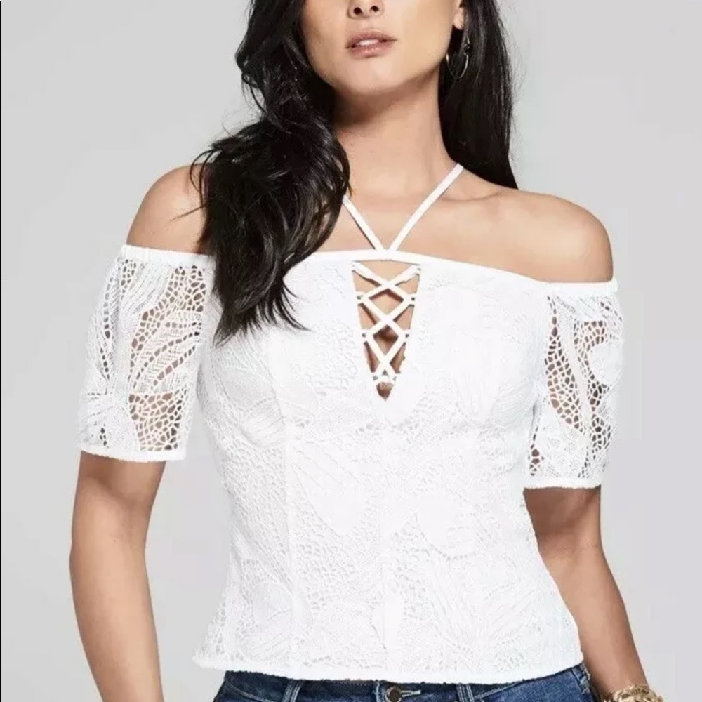 New Guess Marciano Verema Off Shoulder Crochet Lace Blouse Top M